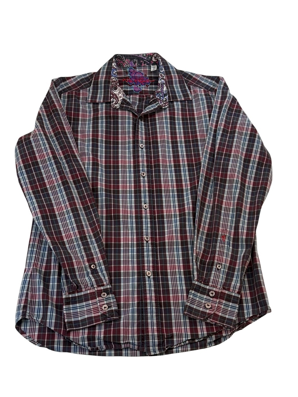 Robert Graham Plaid Button Down Shirt - Burgundy, Navy &‎ Light Blue Size Medium